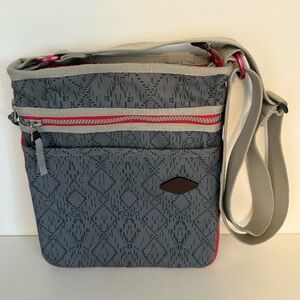 Merrell Crossbody Gray Zip-Around 100% Cotton Canvas with Red Accents Bag Purse